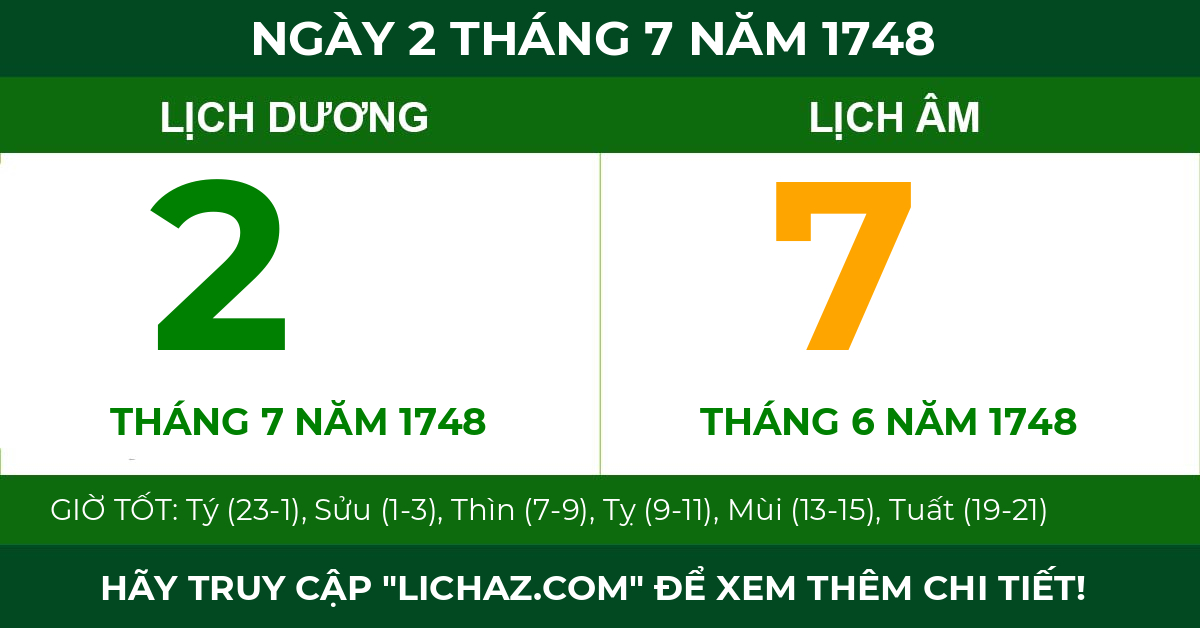lịch âm ngày 2 tháng 7 năm 1748