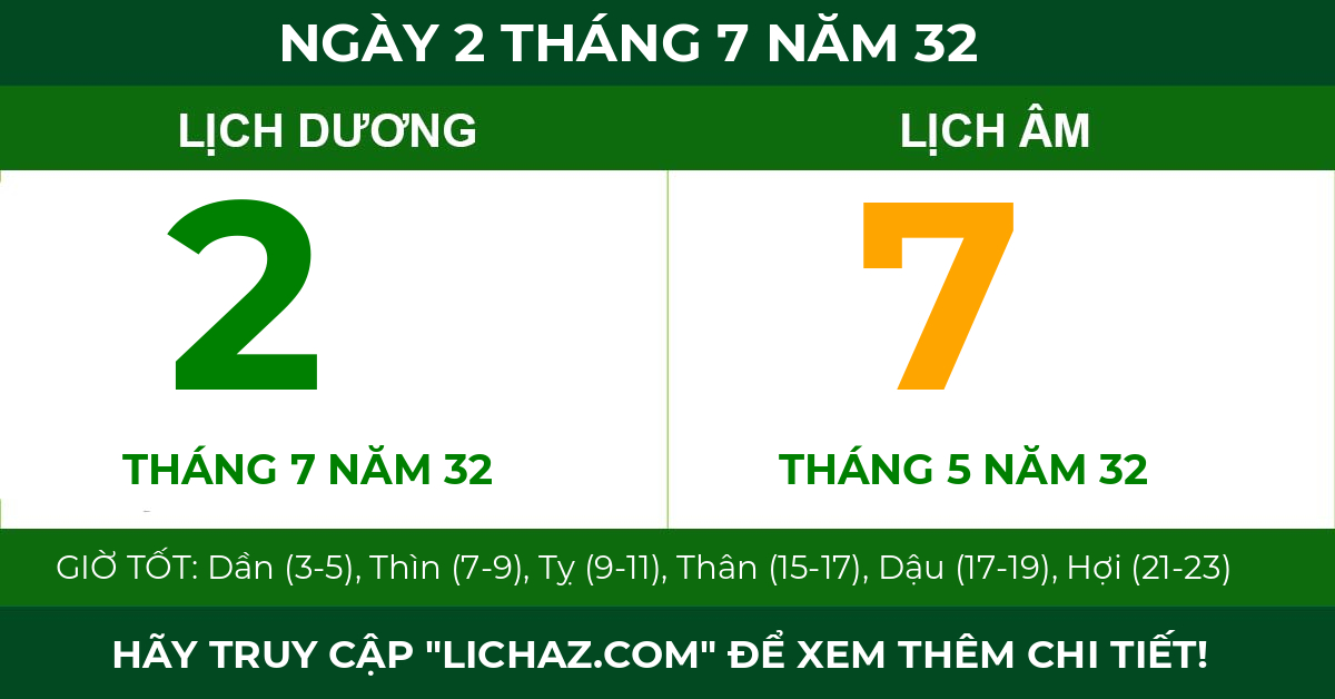 lịch âm ngày 2 tháng 7 năm 32
