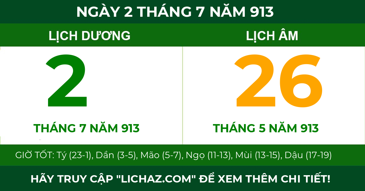 lịch âm ngày 2 tháng 7 năm 913