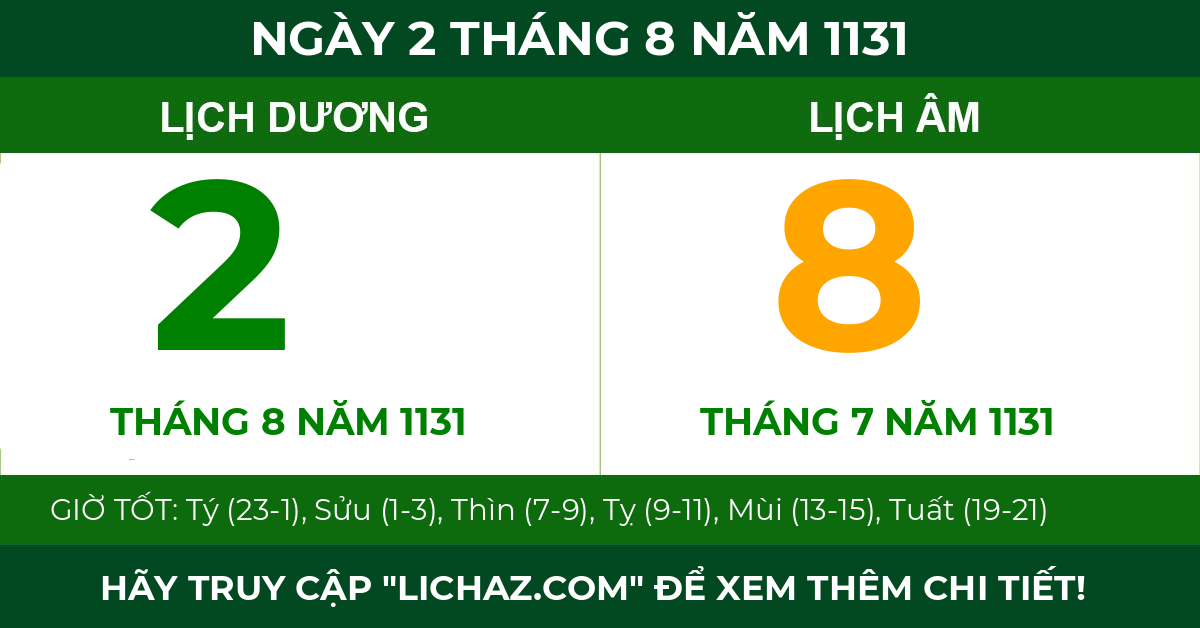 lịch âm ngày 2 tháng 8 năm 1131