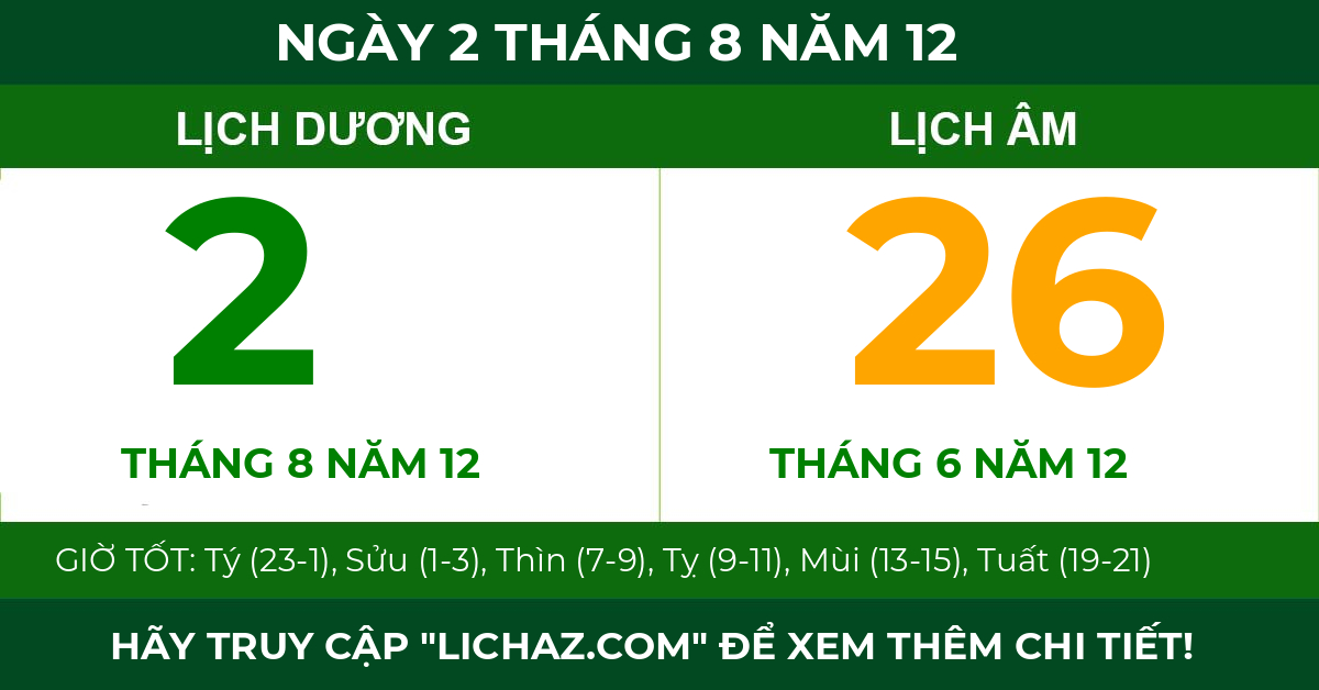 lịch âm ngày 2 tháng 8 năm 12