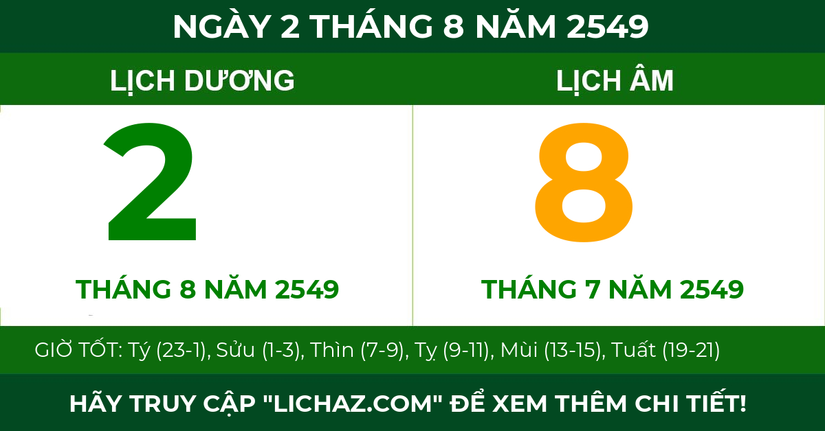 lịch âm ngày 2 tháng 8 năm 2549