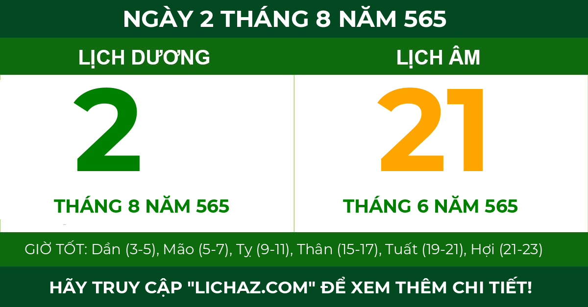 lịch âm ngày 2 tháng 8 năm 565