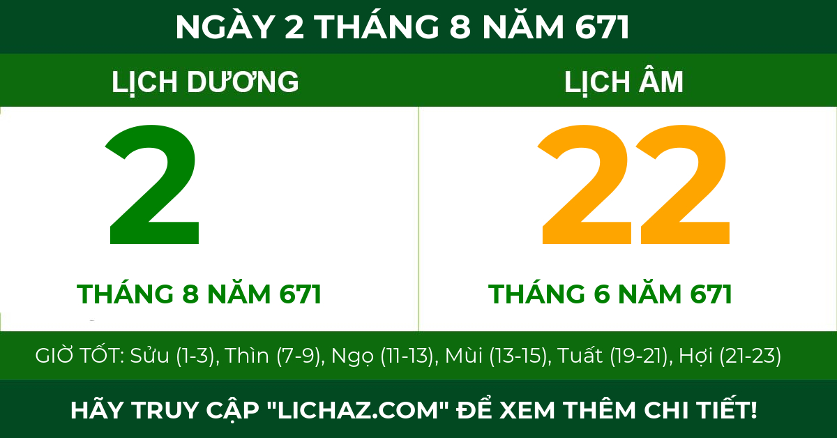 lịch âm ngày 2 tháng 8 năm 671