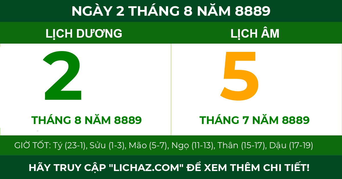 lịch âm ngày 2 tháng 8 năm 8889