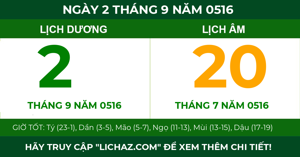 lịch âm ngày 2 tháng 9 năm 0516