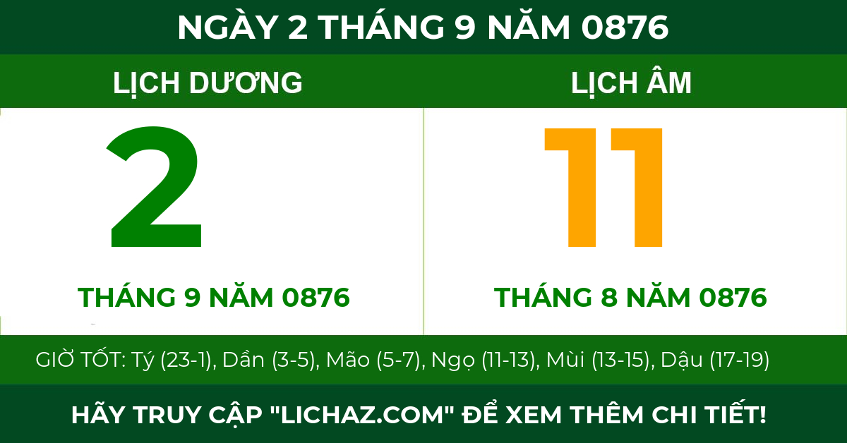 lịch âm ngày 2 tháng 9 năm 0876