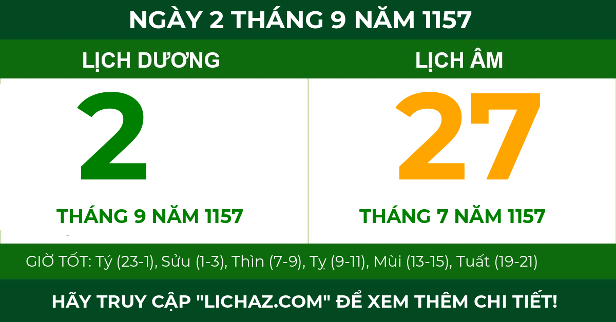 lịch âm ngày 2 tháng 9 năm 1157