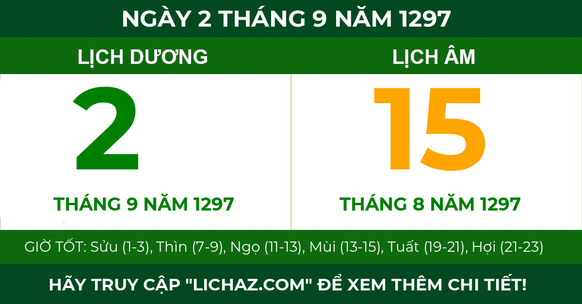 lịch âm ngày 2 tháng 9 năm 1297