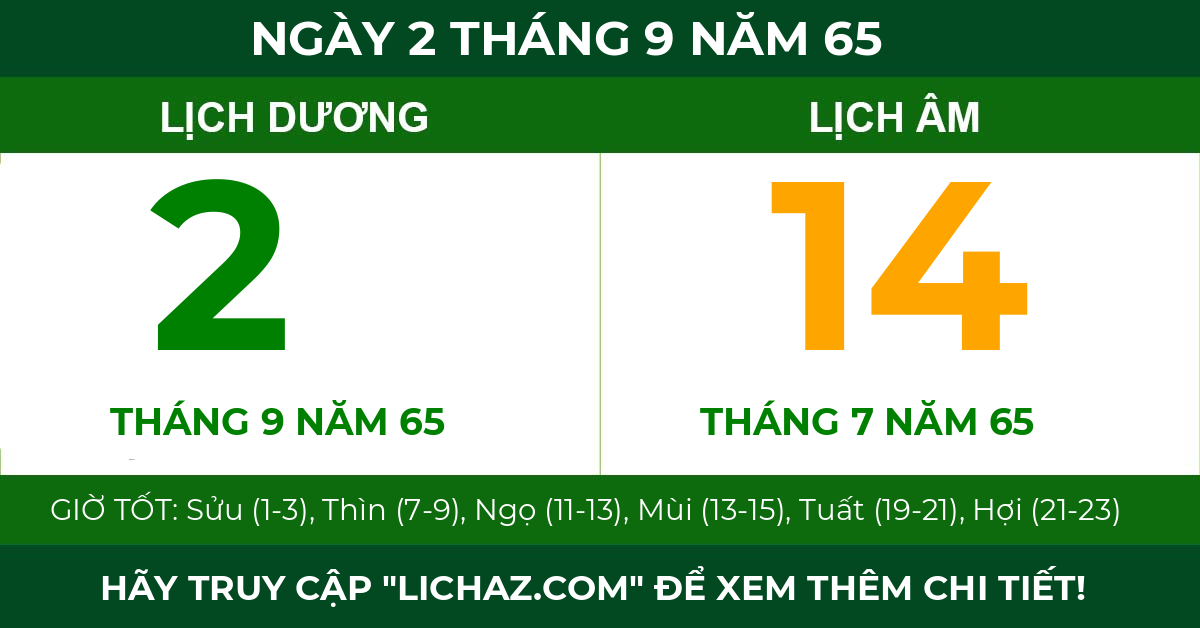 lịch âm ngày 2 tháng 9 năm 65