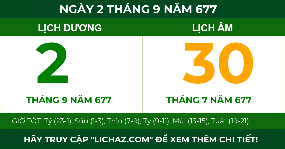 lịch âm ngày 2 tháng 9 năm 677