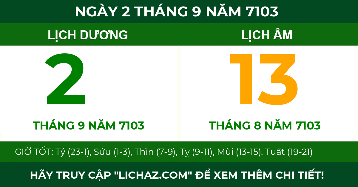 lịch âm ngày 2 tháng 9 năm 7103