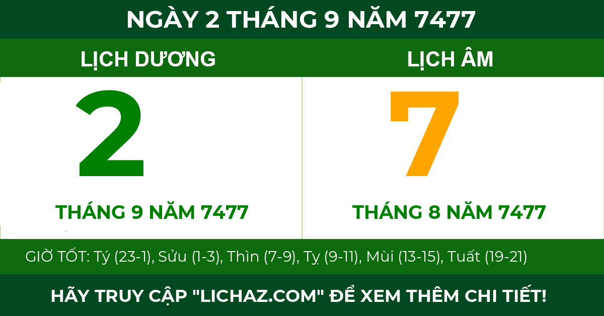 lịch âm ngày 2 tháng 9 năm 7477