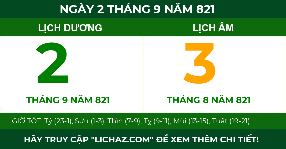lịch âm ngày 2 tháng 9 năm 821