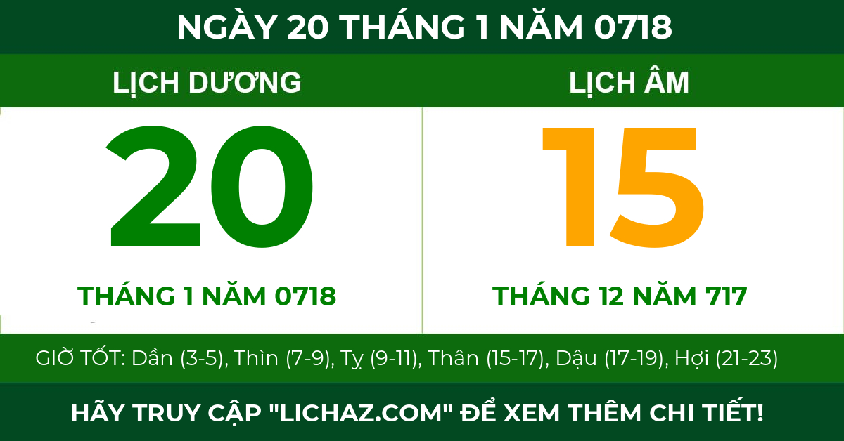 lịch âm ngày 20 tháng 1 năm 0718