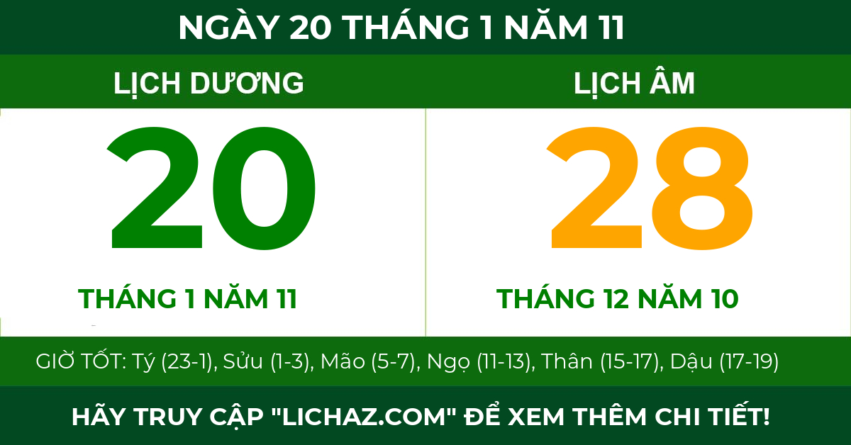 lịch âm ngày 20 tháng 1 năm 11