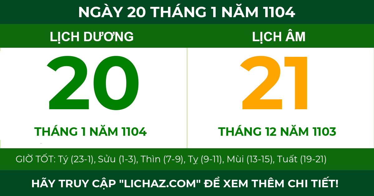 lịch âm ngày 20 tháng 1 năm 1104
