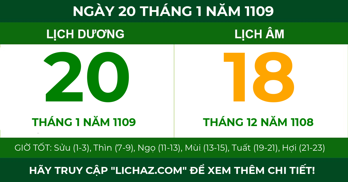 lịch âm ngày 20 tháng 1 năm 1109