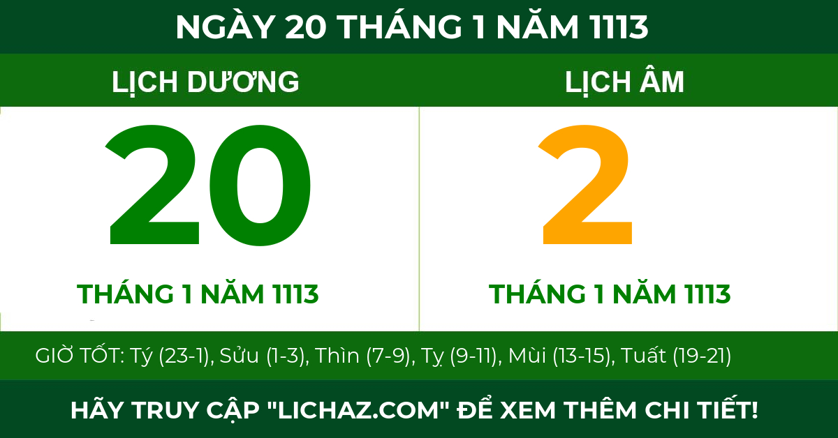 lịch âm ngày 20 tháng 1 năm 1113