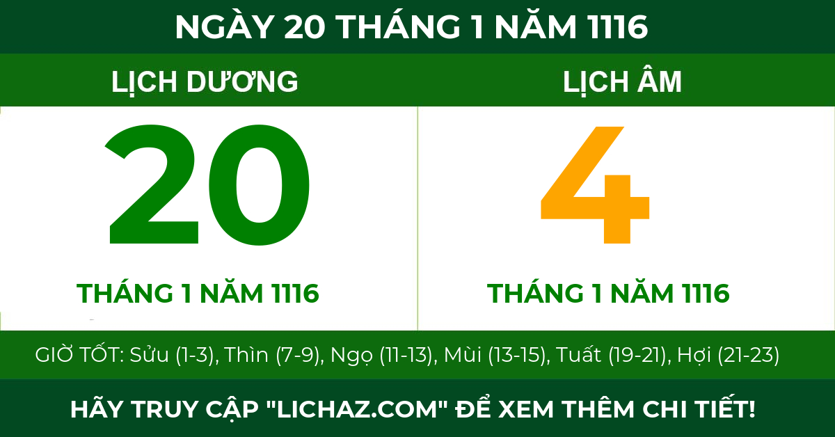 lịch âm ngày 20 tháng 1 năm 1116