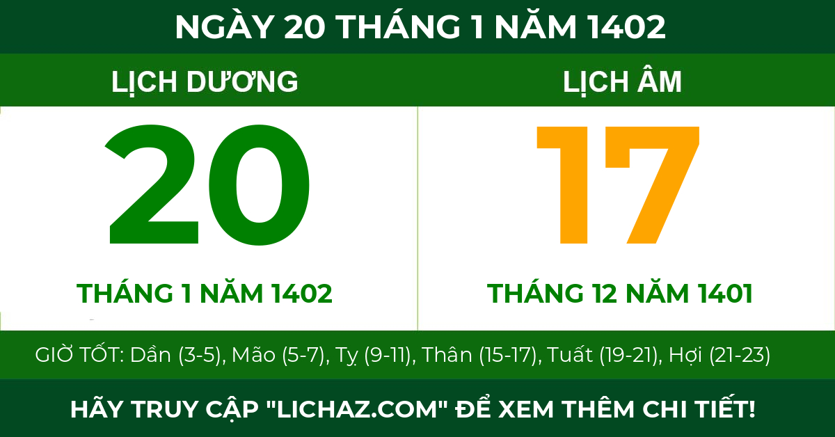 lịch âm ngày 20 tháng 1 năm 1402