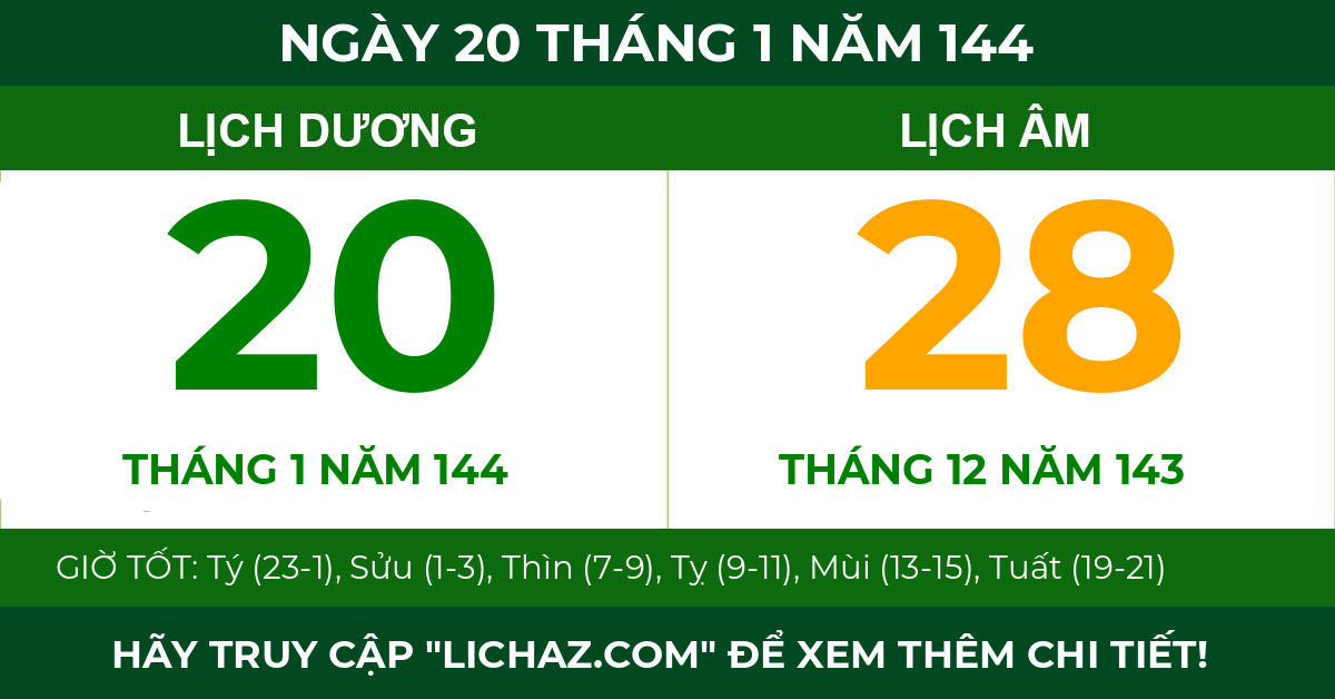 lịch âm ngày 20 tháng 1 năm 144