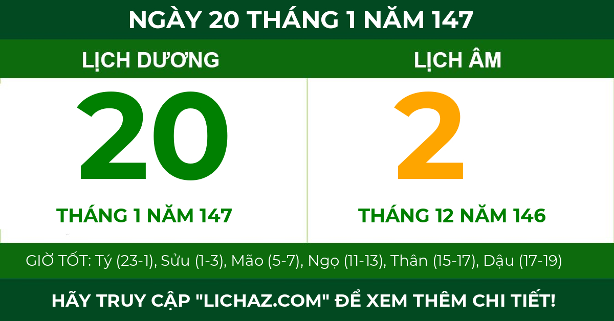 lịch âm ngày 20 tháng 1 năm 147