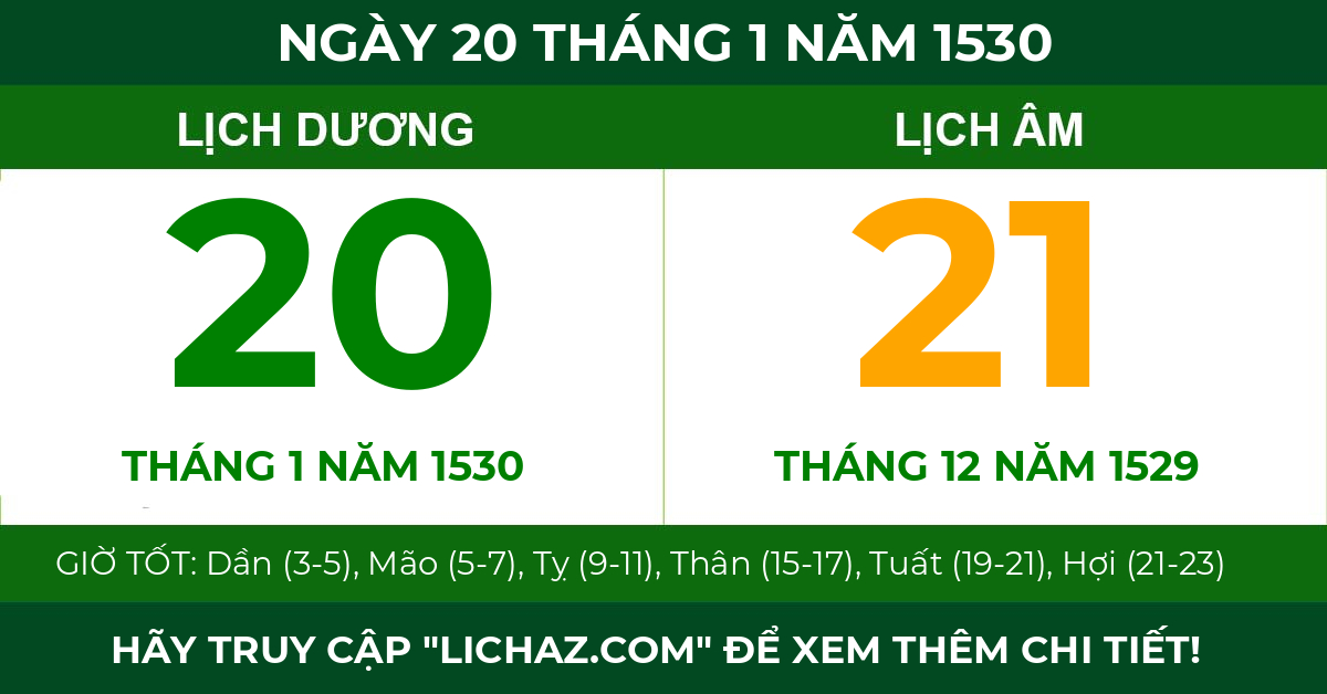 lịch âm ngày 20 tháng 1 năm 1530