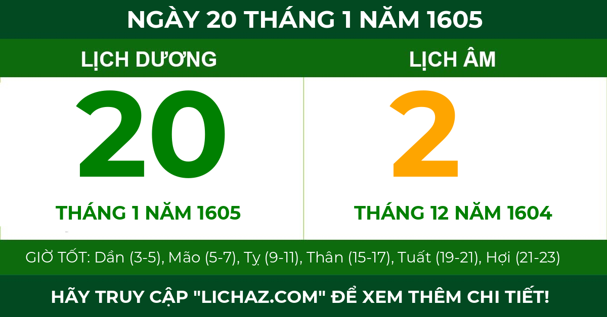 lịch âm ngày 20 tháng 1 năm 1605
