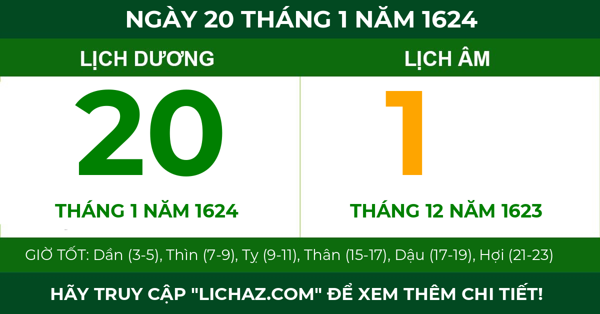 lịch âm ngày 20 tháng 1 năm 1624