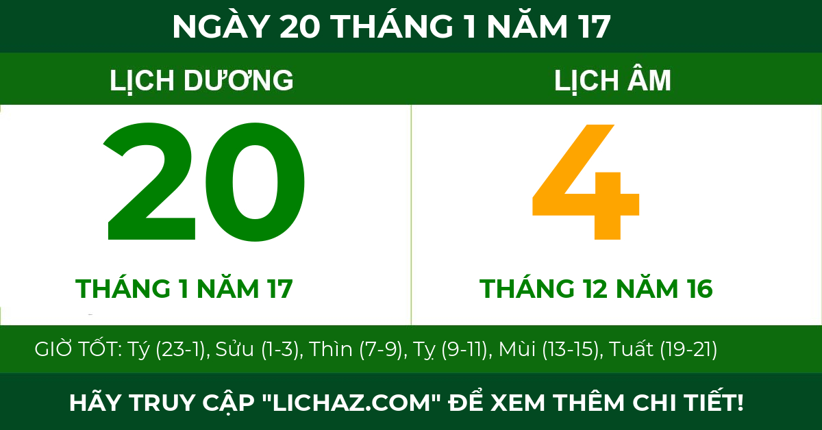 lịch âm ngày 20 tháng 1 năm 17