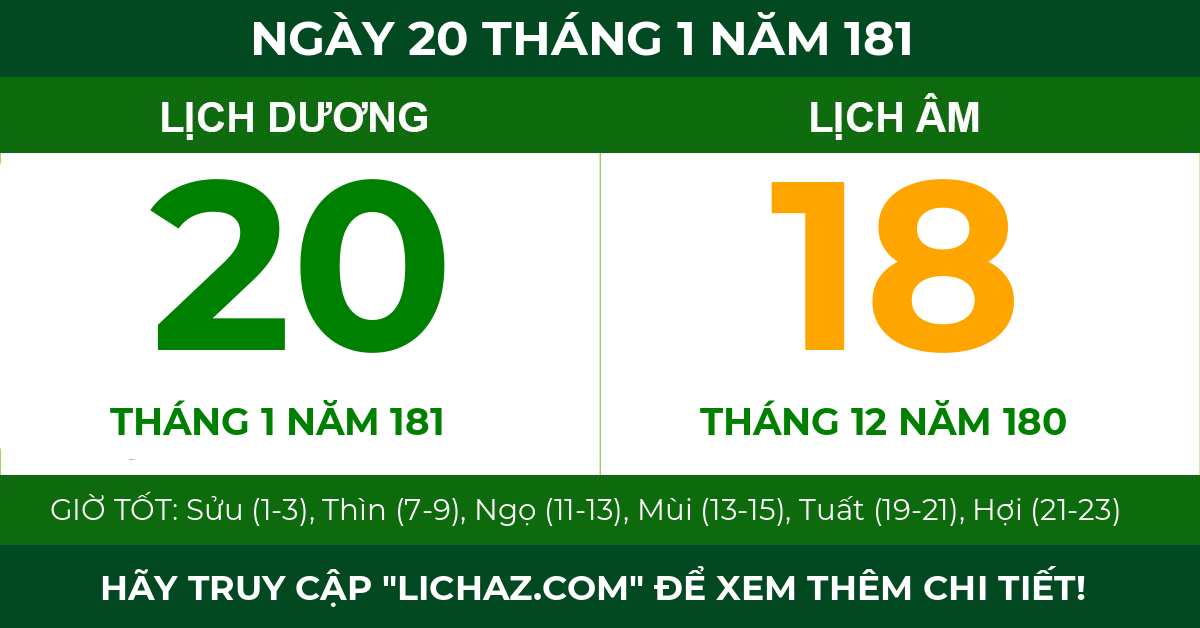lịch âm ngày 20 tháng 1 năm 181