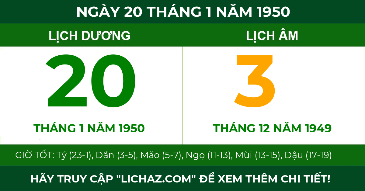 lịch âm ngày 20 tháng 1 năm 1950