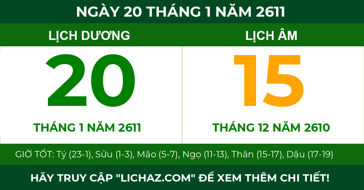 lịch âm ngày 20 tháng 1 năm 2611