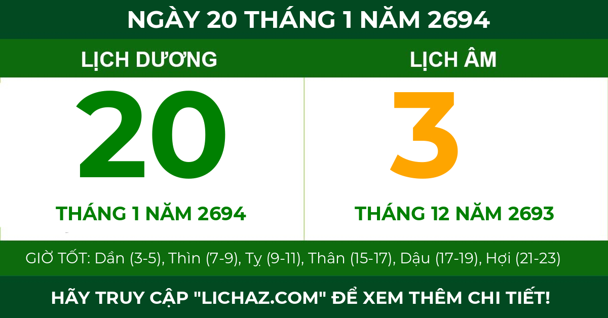 lịch âm ngày 20 tháng 1 năm 2694