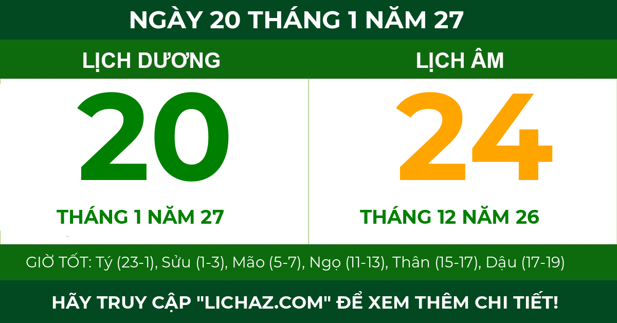 lịch âm ngày 20 tháng 1 năm 27
