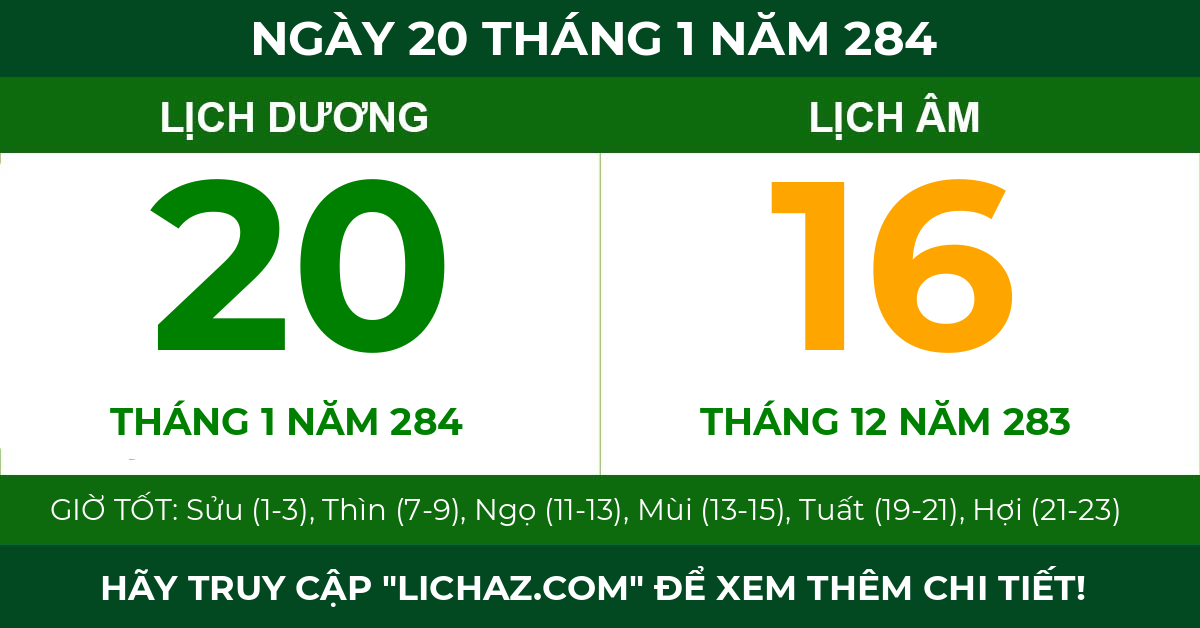 lịch âm ngày 20 tháng 1 năm 284
