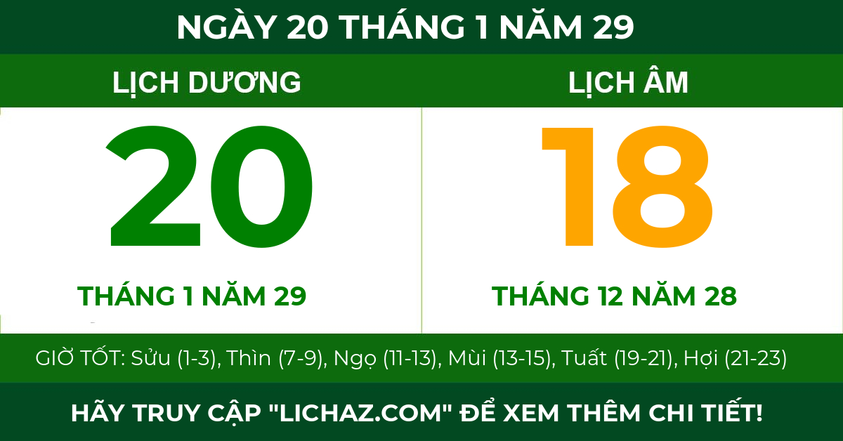 lịch âm ngày 20 tháng 1 năm 29