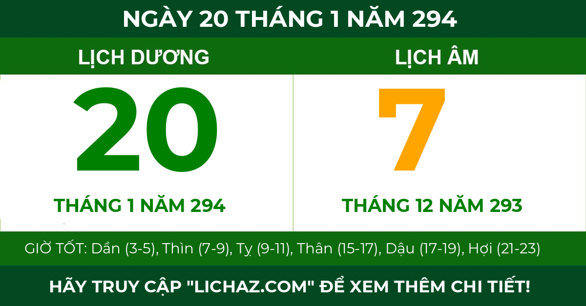 lịch âm ngày 20 tháng 1 năm 294