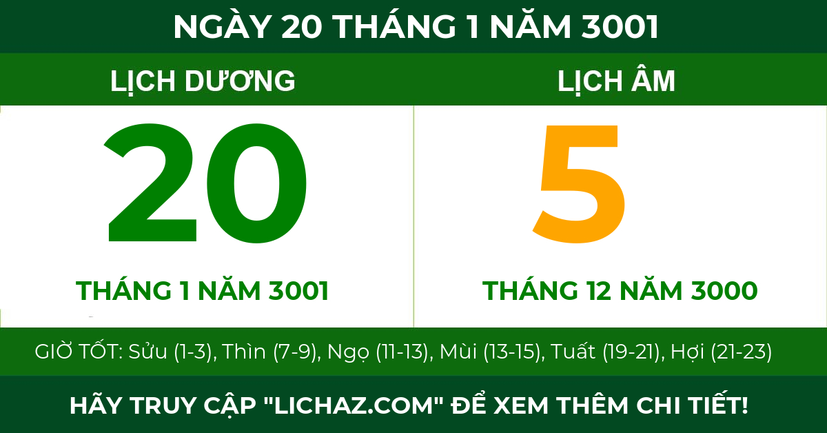 lịch âm ngày 20 tháng 1 năm 3001