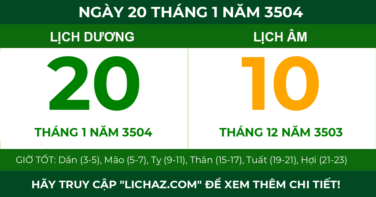lịch âm ngày 20 tháng 1 năm 3504