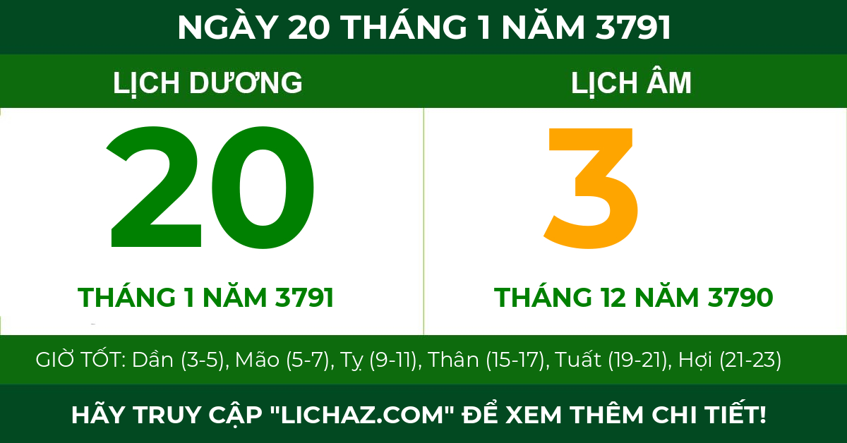 lịch âm ngày 20 tháng 1 năm 3791