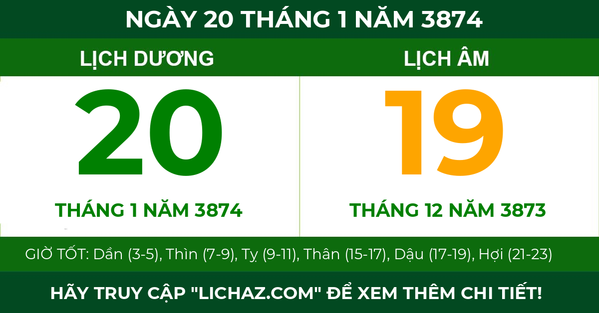 lịch âm ngày 20 tháng 1 năm 3874