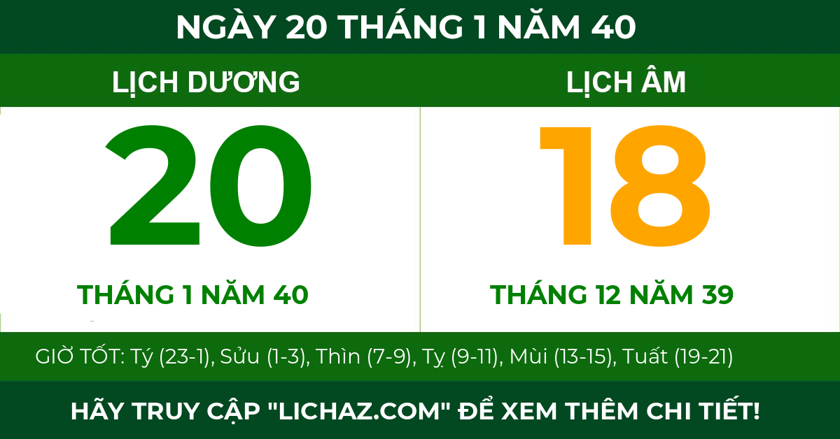 lịch âm ngày 20 tháng 1 năm 40