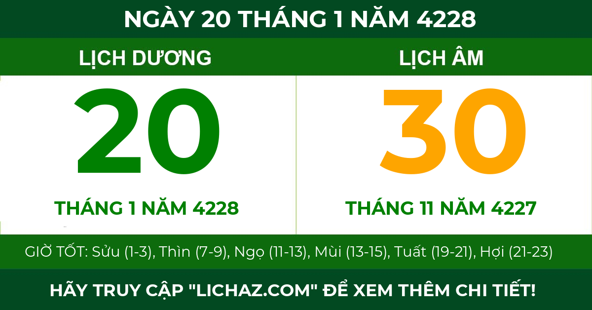 lịch âm ngày 20 tháng 1 năm 4228