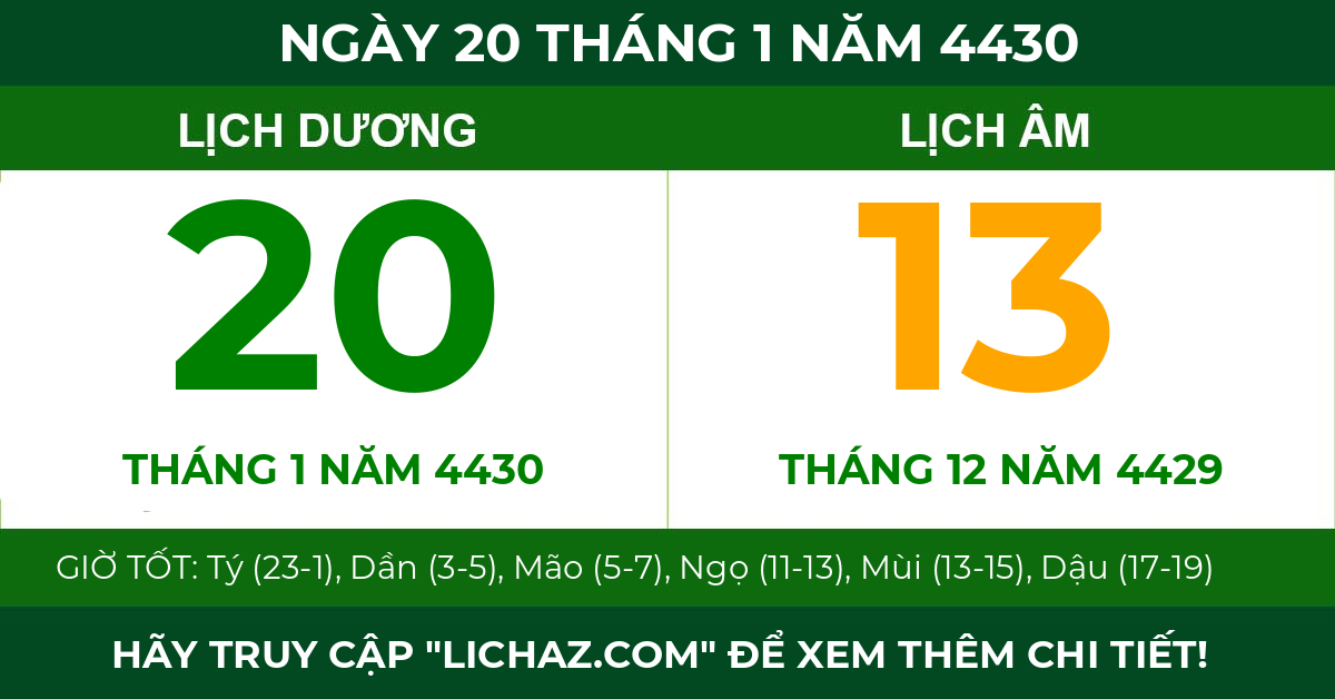 lịch âm ngày 20 tháng 1 năm 4430