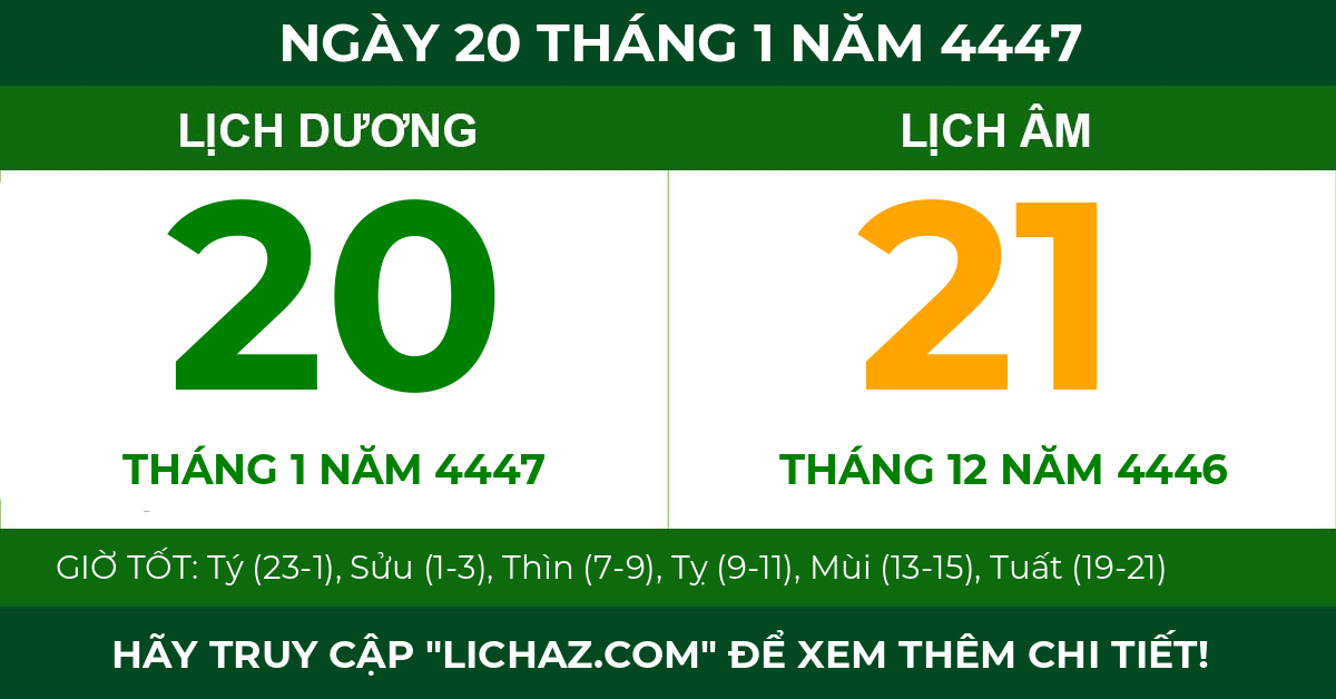 lịch âm ngày 20 tháng 1 năm 4447