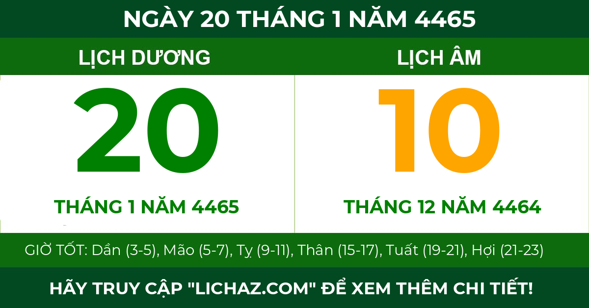 lịch âm ngày 20 tháng 1 năm 4465