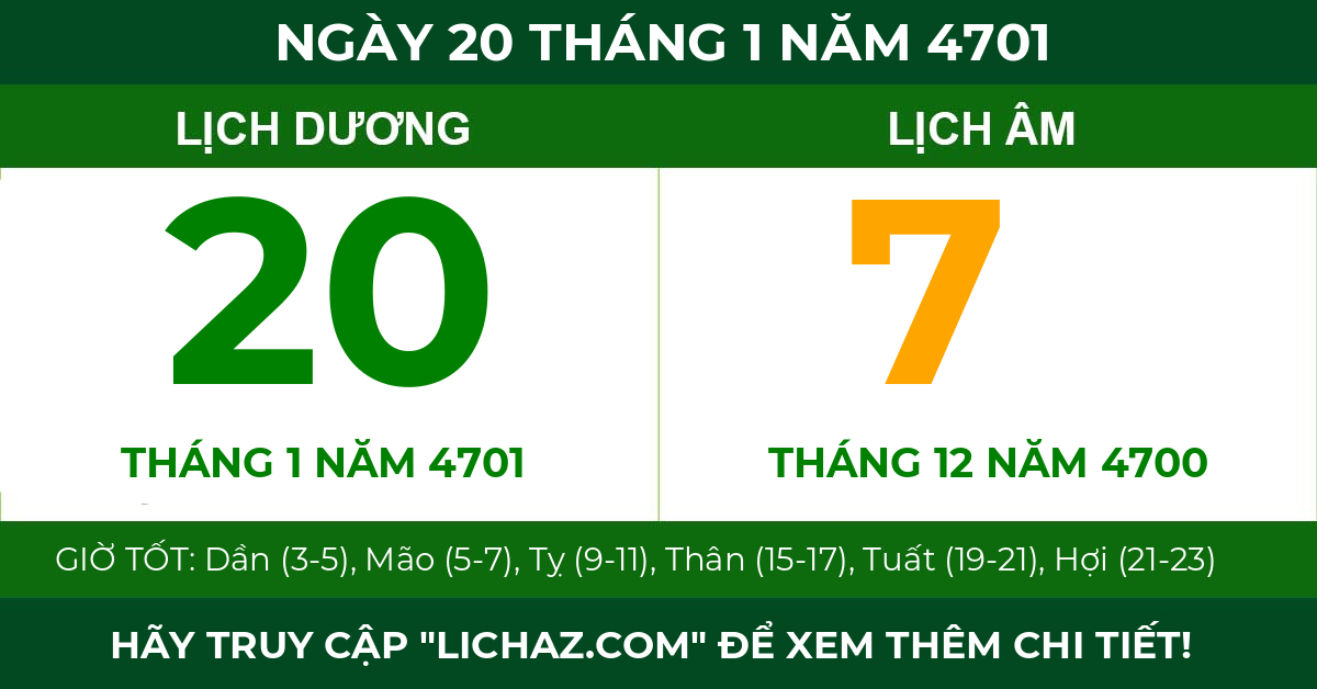 lịch âm ngày 20 tháng 1 năm 4701