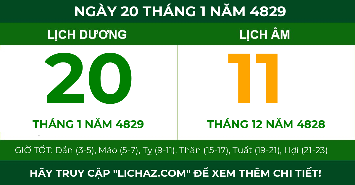 lịch âm ngày 20 tháng 1 năm 4829